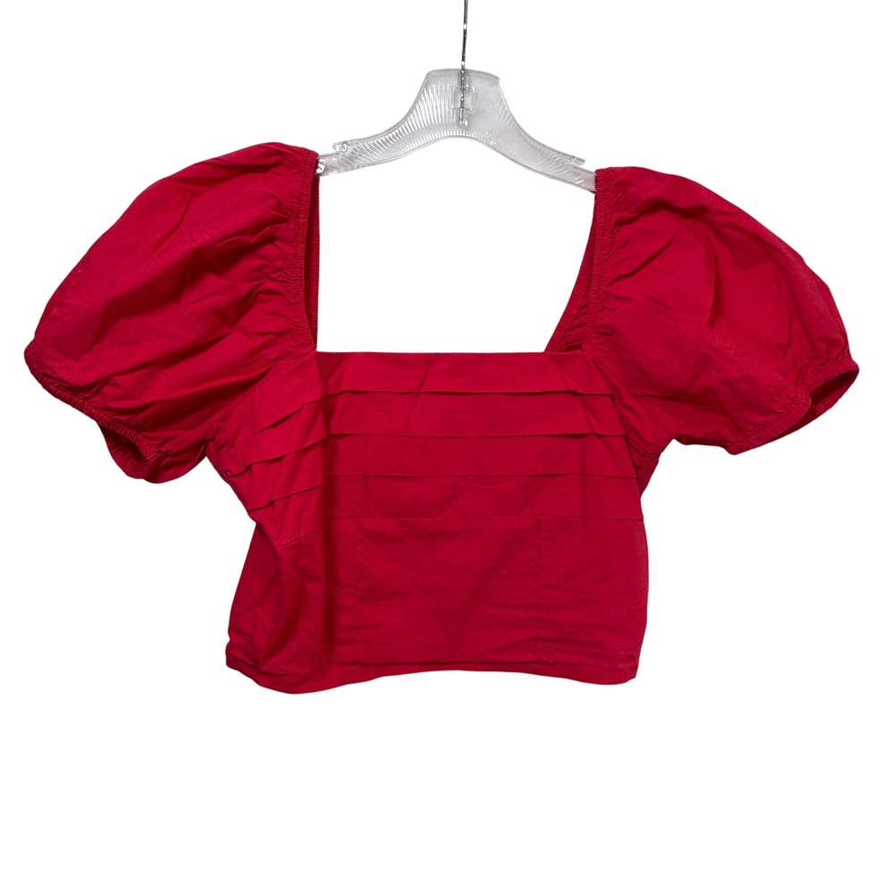 Womens Red Puff Sleeve Crop Top Square Neck Smocked Back Cottagecore Boho y2k